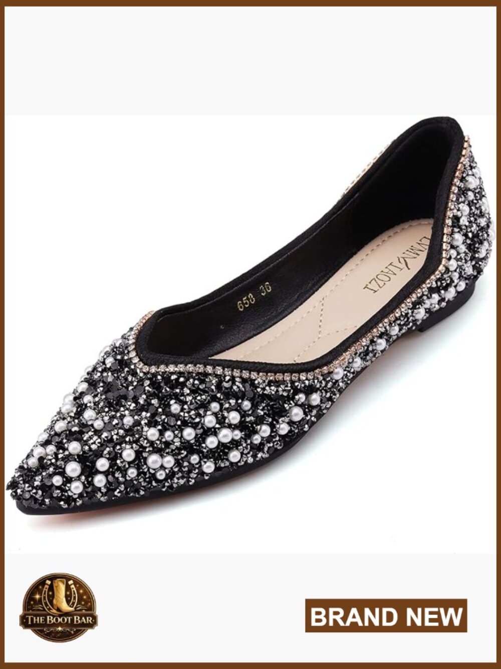 Rhinestone Pointed Toe Ballet Flats with Pearl Diamond Low Heel Wedding Work